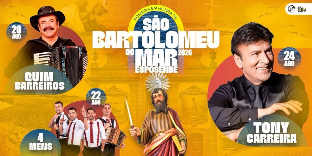 Tony Carreira e Quim Barreiros no cartaz da Romaria de São Bartolomeu do Mar 2026 Esta imagem tem um texto alternativo em branco, o nome da imagem é festas-sao-bartolomeu-do-mar-1024x512.jpg